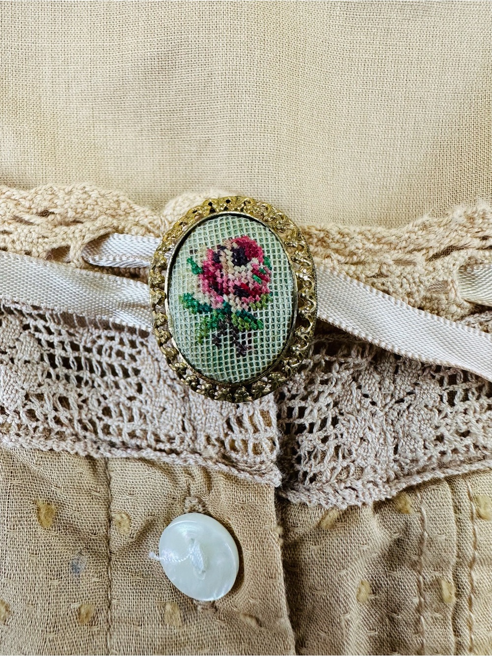 Antique Petit Point Floral Brooch Gold Tone Oval Filigree Pin Cottagecore Vintag